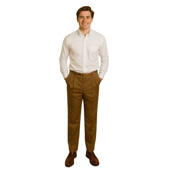 Vintage 90s Oscar de la Renta Men's Wool Dress Pants Brown Pleated Trousers 36R - Picture 1 of 11